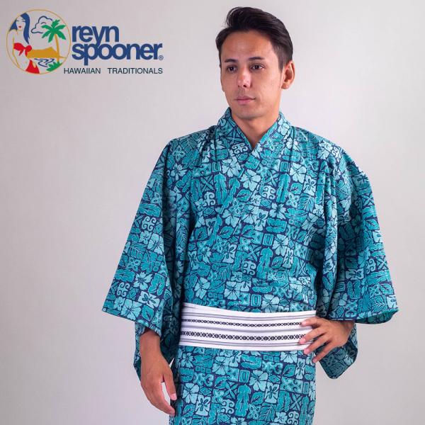 /浴衣+帯+下駄+腰紐/レインスプーナー アロハ柄浴衣セット/アロハ/メンズ浴衣/紳士用/ハワイ/ブ...