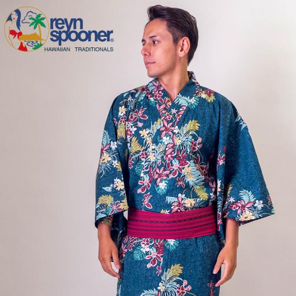 /浴衣+帯+下駄+腰紐/レインスプーナー アロハ柄浴衣セット/アロハ/メンズ浴衣/紳士用/ハワイ/ブ...