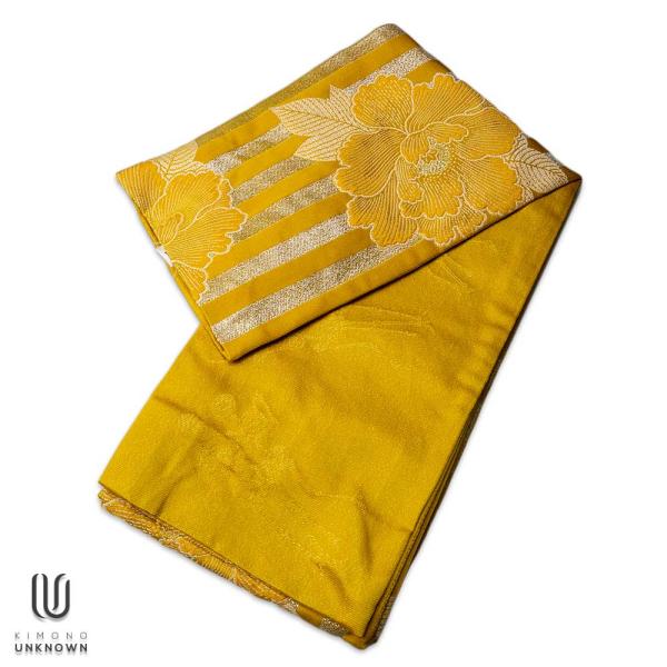 半巾帯【ゆかた帯】 京都岡重 花柄 牡丹 ボーダー 黄色 ゴールド 骸骨 ★浴衣 和服 和装 おしゃ...