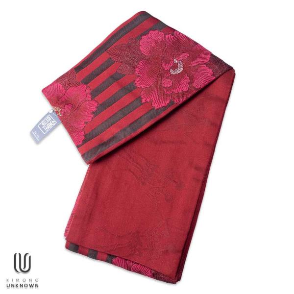 半巾帯【ゆかた帯】 京都岡重 花柄 牡丹 ボーダー 赤 黒 骸骨 ★浴衣 和服 和装 おしゃれ