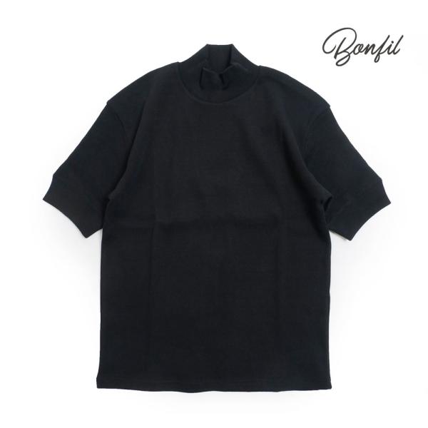 Bonfil ボンフィル モックネック 半袖 カットソー リブ Tシャツ ブラック S M L bo...