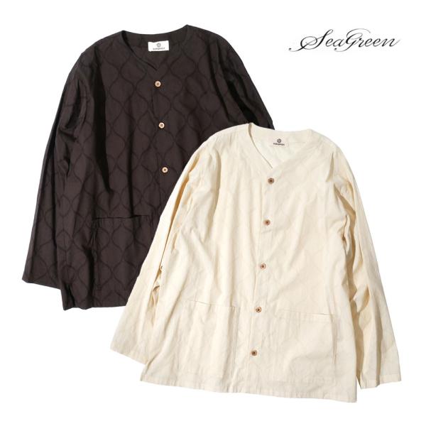 Seagreen シーグリーン メンズ ジャガード クロシェ カーディガン ノーカラー シャツ