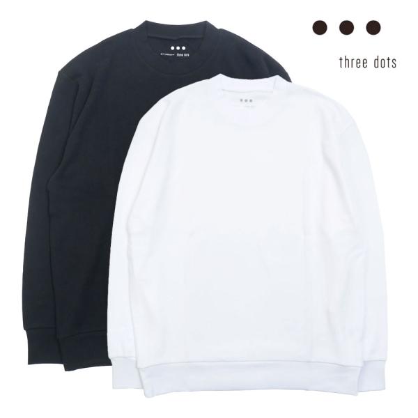 THREE DOTS スリードッツ スフレコットン クルーネック 長袖 カットソー ホワイト ブラッ...