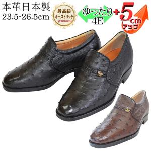 シークレットシューズ ビジネスシューズ 高級 5ｃｍアップ 日本製  オーストリッチ革 プレーン スリッポン No.65｜up-shoes