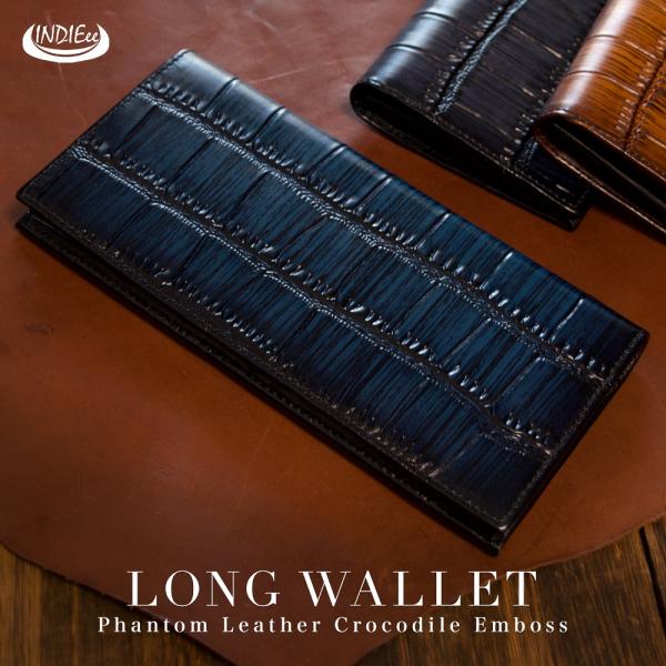 INDIEee インディ イタリア製 クロコダイル エンボス ファントムレザー 二つ折り 長財布 メ...