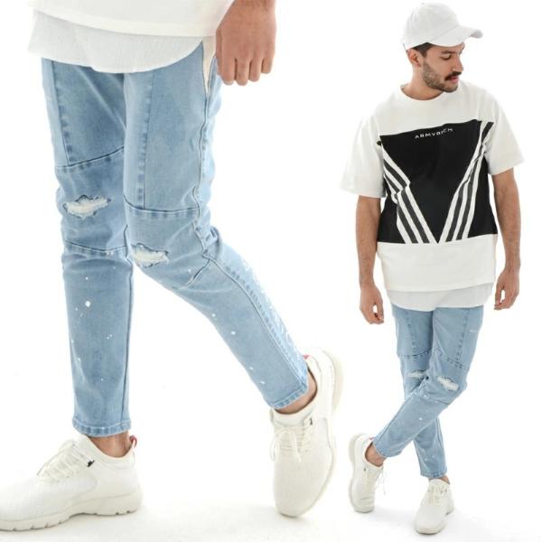 大きいサイズ 3L 4L 5L ストレッチ ダメージデニム ジーンズ ビッグサイズ 淡色 カジュアル...