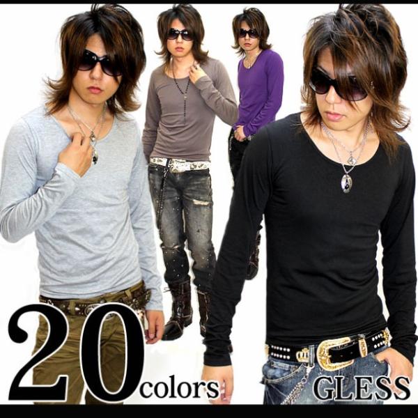 GLESS グレス Tシャツ Uネック無地ロンT カットソー トップス メンズ おしゃれ 長袖 秋 ...