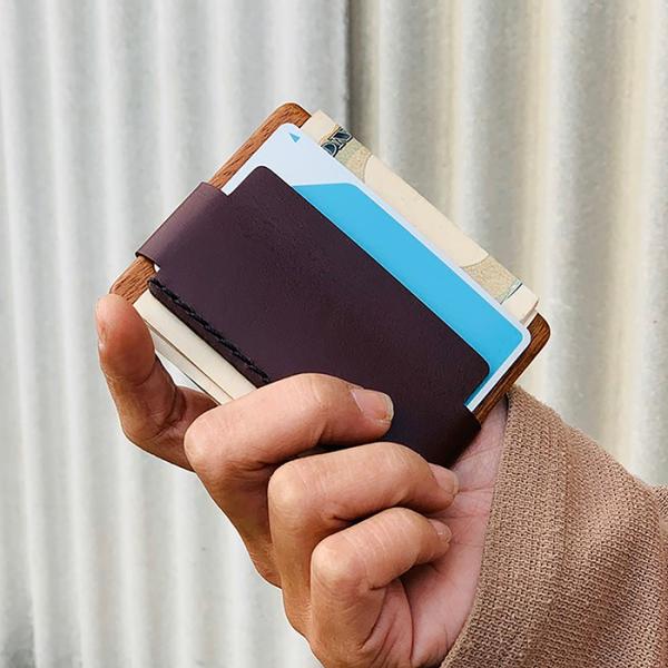 木と革のお札/カード入れ 木製品 革製品 日本製 ハンドメイド 手作業 磨き上げ 無塗装 メンズ 名...