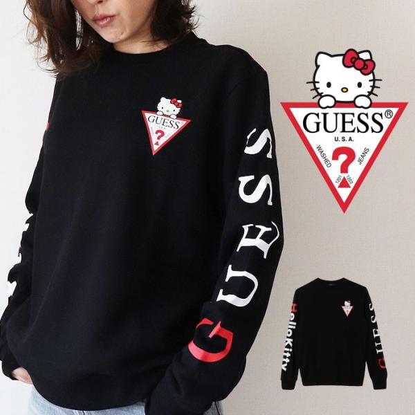 GUESS x Hello Kitty(ゲス)ハローキティコラボ スリーブロゴクルースウェット ユニ...