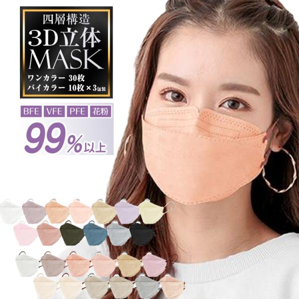 30枚入り 4層立体不織布マスク 血色 呼吸 立体 使い捨て ウイルス対策 防塵 花粉 飛沫感染