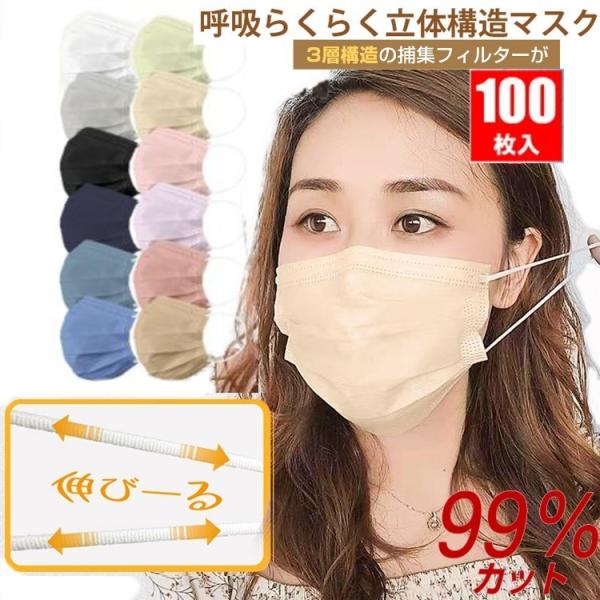 100枚セット 血色カラーマスク 100枚入り　血色マスク 不織布マスク 使い捨てマスク 3Ｄ立体構...
