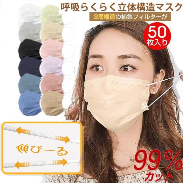 血色マスク 50枚 血色カラー やわらかマスク 不織布 カラーマスク 不織布マスク カラー 夏用マス...