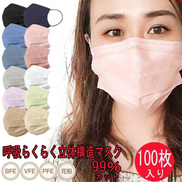 3層構造不織布マスク 100枚入り 使い捨てマスク 3Ｄ立体構造 ウイルス99％カット 幅広平ゴム ...