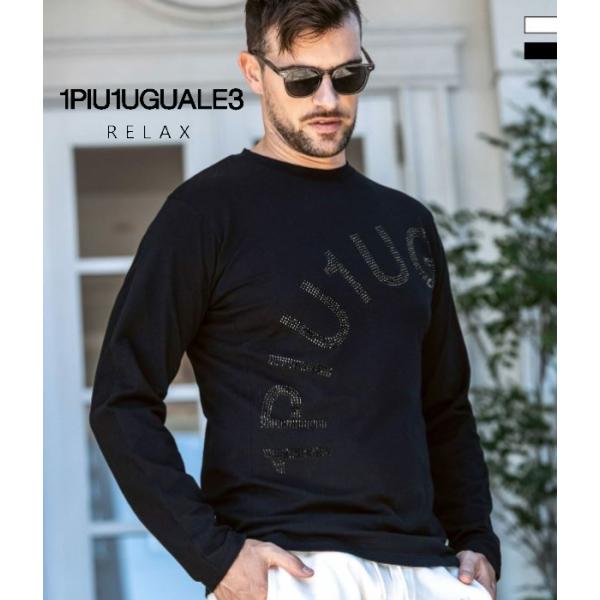1PIU1UGUALE3 RELAX ウノピゥウノウグァーレトレ リラックス ラインストーンロゴTシ...