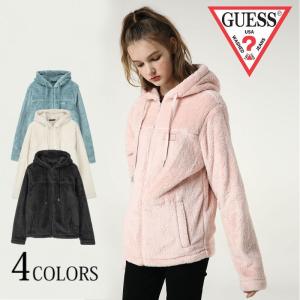 GUESS ゲス ミニワッペンフリースパーカー フーディー ボアパーカー レディース ジップアップ 冬服 秋冬 カジュアル 長袖 ロゴ｜upper-gate