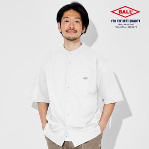 BALL メンズ 半袖シャツ バンドカラー ストレッチ ゆったり