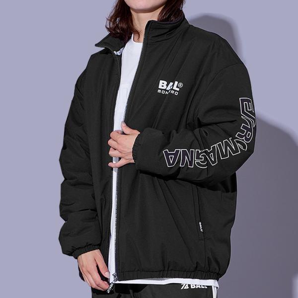 メンズ スタンドジャケット ロゴ プリント 派手 中綿 裏地起毛 メッシュ 布帛 アウター ジャケッ...