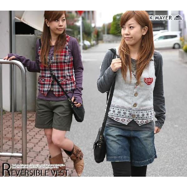 クリフメイヤーKRIFFMAYER ネルチェック柄×ボヘミアンデザインリバーシブルベスト レディース...