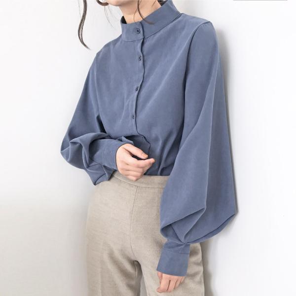 【送料無料】選べる5色 レディース スタンドカラー ボリューム袖 シャツ