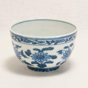 清風 与平 造 染付 菊図 湯溢し 花器 茶器 器 煎茶道具 京焼 布付き 柳