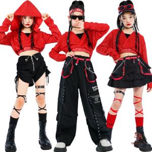セットアップ 赤 黒 キラキラ フード付き デザイン トップス チョッキ パンツ ダンス衣装 応援団 ヒップホップ ダンスウェア 子供 ファッション 女の子 韓国 HIP
