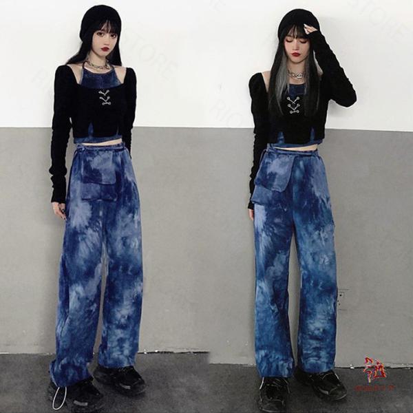 ステージ衣装 大人 レディース ヒップホップ ダンス衣装 ダイダイ柄 ロングパンツ 黒トップス セッ...