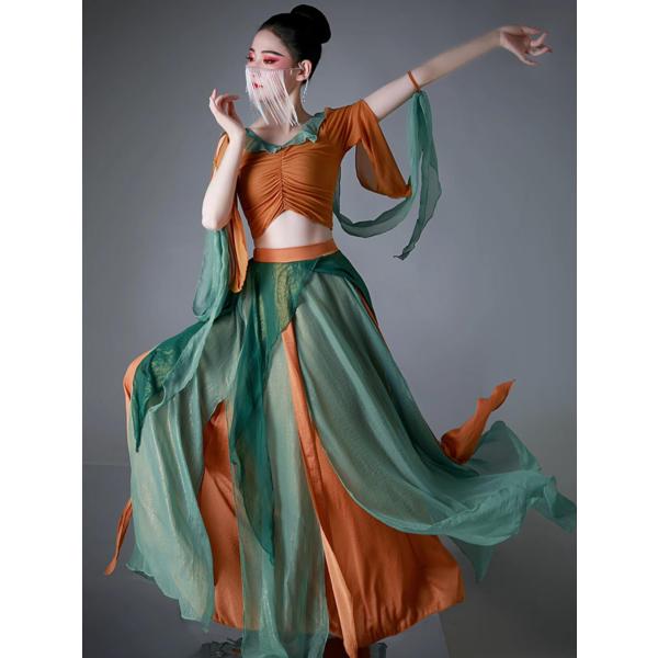 中華古典ダンス衣装 レディース 大人 子供 中華敦煌舞踊 漢唐古典舞踊 衣装セット 長いリボン付き ...