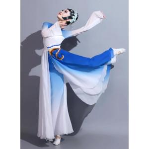 中華古典舞踊 ダンス衣装セット 大人 子供 チャイナ民族風ダンス衣装 白青 グラデーション ロング丈...