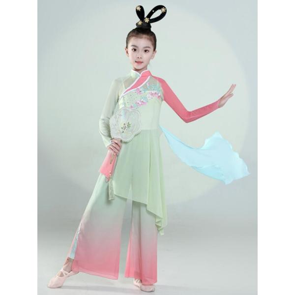 子供 中華ダンス衣装 チャイナ民族ダンス衣装 女の子 ガールズ ロング丈 斜め裾 チャイナブラウス ...