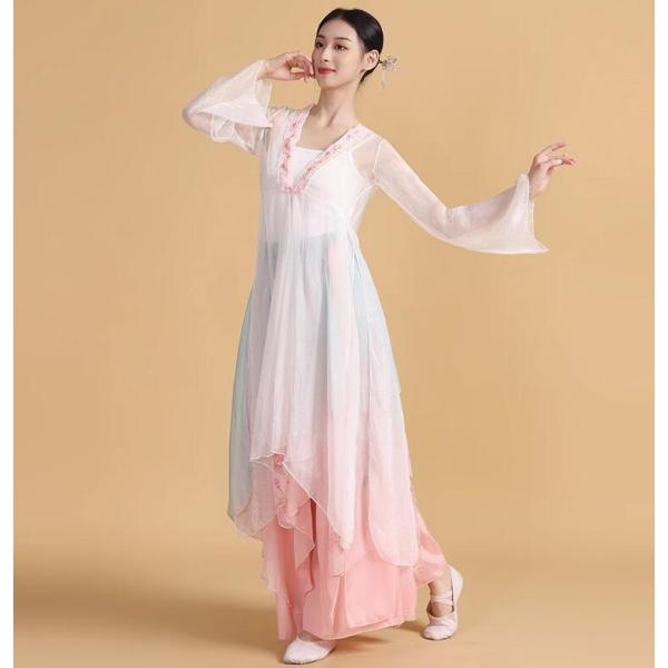 中華ダンス衣装3点セット チャイナ風古典舞踊 民族ダンス 衣装 演目衣装 レディース ロング丈 白い...