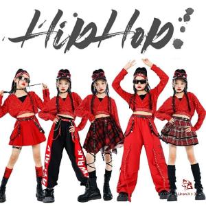 赤 ダンス キッズ 女の子 スパンコール へそ出し ダンス衣装 ガールズ チェック柄 スカート 長ズボン ダンスウェア 発表会 応援団 イベント ジュニア カッコイ