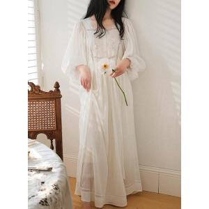 ロングネグリジェ　長袖お姫系ワンピースパジャマ　可愛いナイトドレス　レース　ドレープ　スイート系綿生地パジャマ　マキシ丈ルームウエア　ゆったり　肌さわ
