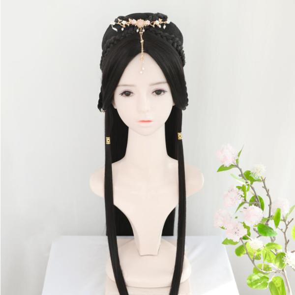 80CM中国風コスプレかつら　黒　中華風古典古代髪スタイルウイッグ　土台髷　まげ　舞台写真撮影道具　...