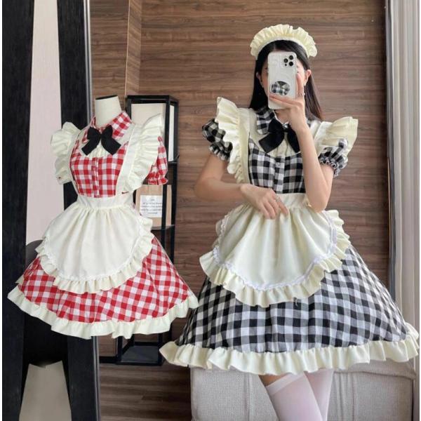 女性 大人 メイド服 メイドコス 半袖 チェック柄 メイド服 コスプレ衣装 膝丈 ミドル丈 裾フリル...