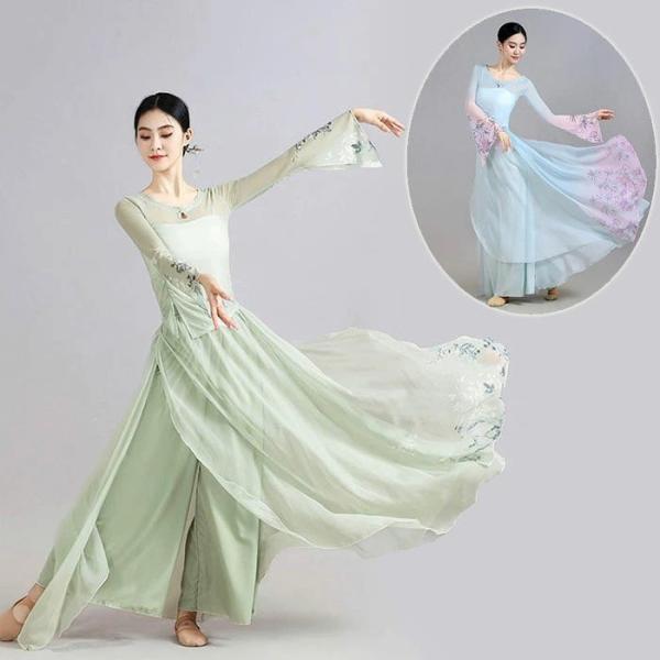 中国古典舞踊ダンス衣装 上下セット トップス パンツ 中華民族ダンス 長袖 フレア袖 ミドル丈紗ブラ...