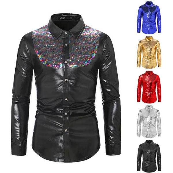 スパンコールシャツ メンズ シャツ カラーシャツ 全6色 ステージ衣装 スパンコール 光沢 舞台演出...