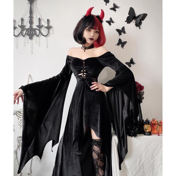 ハロウィンコスプレ衣装　レディース　死神ドレス　悪魔 魔女 万聖節 バンパイア 吸血鬼　フレア袖　イ...