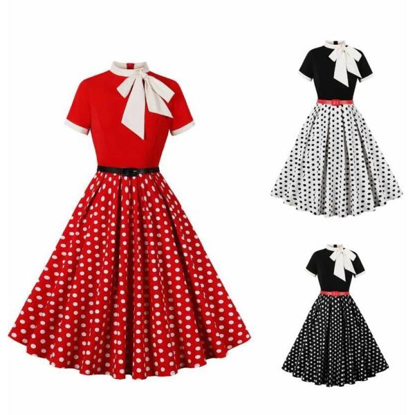 大きい裾ワンピース 水玉柄　リボン付き レトロドレス 女性 大きい裾 フレアドレスムスクテール?カラ...