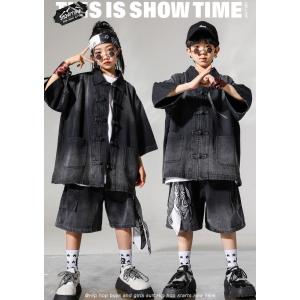 黒シャツ デニム ハーフパンツ キッズダンス衣...の詳細画像1