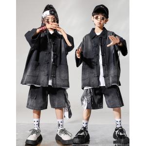 黒シャツ デニム ハーフパンツ キッズダンス衣...の詳細画像3