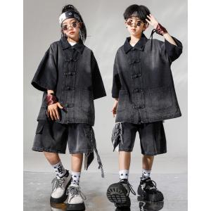 黒シャツ デニム ハーフパンツ キッズダンス衣...の詳細画像4