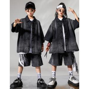 黒シャツ デニム ハーフパンツ キッズダンス衣...の詳細画像5