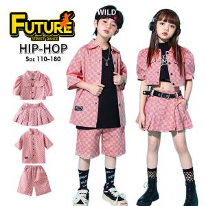 k-pop 衣装 チェック柄 ピンク キッズダンス衣装 セットアップ ヒップホップ キッズ へそ出し トップス プリーツスカート チアガール ハーフ