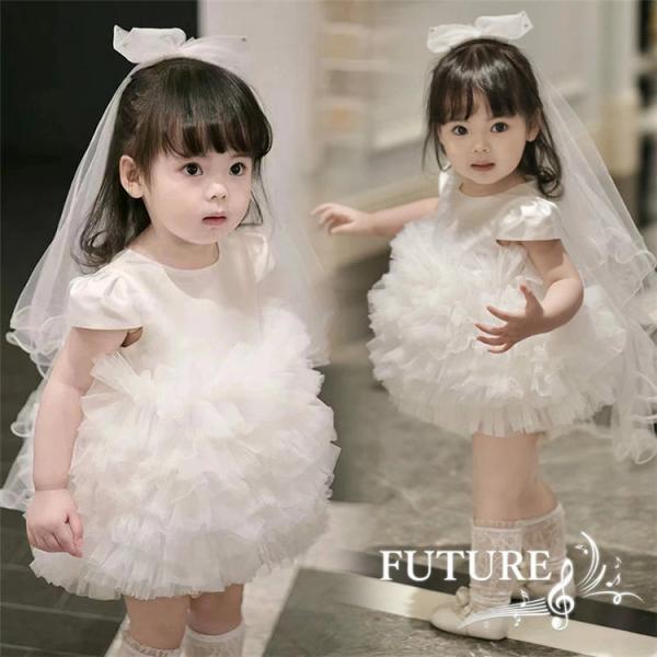 ベビードレス 結婚式 80 90 白 チュールドレス ベビー ふんわり リングガール ドレス フラワ...