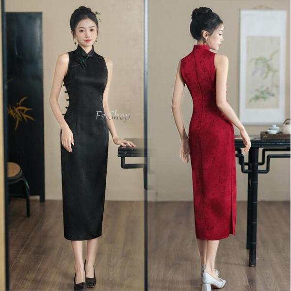 レディース チャイナドレス ノースリーブ フォーマルドレス中華風パーティードレス ステージ衣装 マキ...