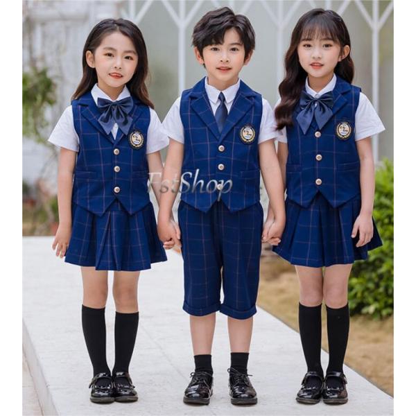 卒業式 入学式フォーマル スーツ子供 制服チェック柄 上下セット半袖シャツ ベスト スカート ハーフ...