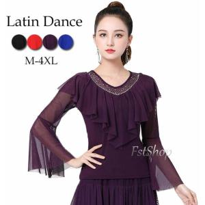 社交ダンス トップス フラメンコ 衣装 かわいい 胸元フリル シースルー フレア袖 ブラウス ダンス着 レッスン着 ラテンダンス ダンス衣装 ステージ衣装 タンゴ
