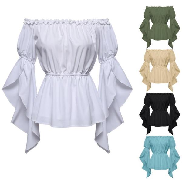 レディース 長袖 レトロトップス ブラウス オフショルダーシャツ フリル ジャボシャツ ビクトリア風...