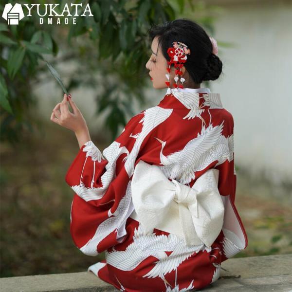 浴衣 レディース 鶴 鶴柄 赤 白 浴衣 3点セット ゆかた 蝶結び帯 腰ひも モダン スタイル 簡...