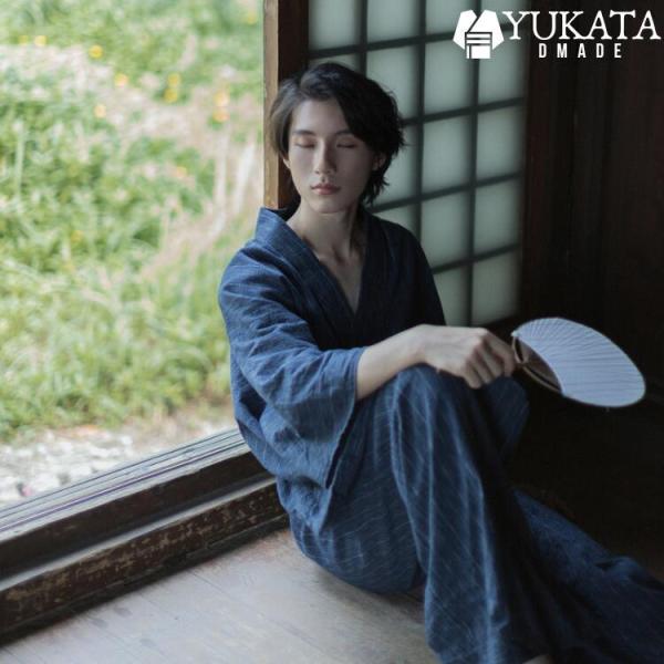 浴衣 メンズ セット メンズ浴衣セット ブルー ストライプ柄 2点セット 男性 紳士 浴衣 帯 おし...